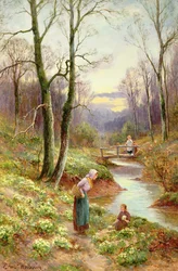 Picking primroses by the stream